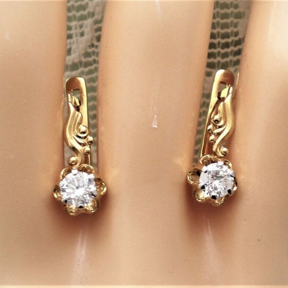 Vintage USSR Solid 14K 583 Yellow Gold Genuine Diamond Buttercup EARRINGS - Picture 3 of 8